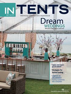 the cover of in tents magazine features an outdoor bar and seating area with wicker chairs