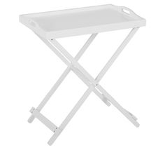 a white tray with two legs and a tray on the bottom that is holding an empty tray