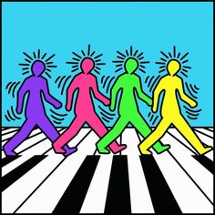 an image of people walking across the street in different colors and patterns on a crosswalk