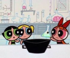 the powerpuff girls are cooking in their kitchen