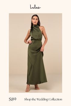 a woman in a long green dress with the words shop the wedding collection on it