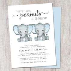 two baby elephants are standing next to each other on a wooden surface with the words, two sweet little peanut's are on their way