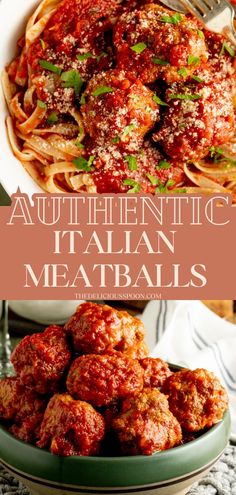 spaghetti and meatballs in a bowl with the words authentic italian meatballs