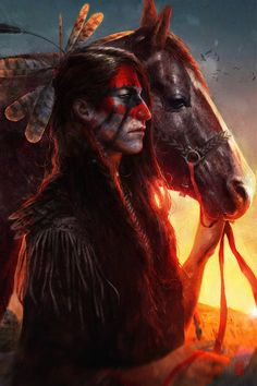 a native american woman standing next to a horse with feathers on it's head