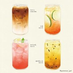 four different types of drinks in jars with names on the labels and numbers below them