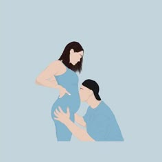 a pregnant woman is holding her husband's belly while they are looking at each other