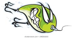 an angry green fish with its mouth open and teeth wide open, on a white background