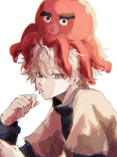 an anime character with red hair and octopus like headdress, staring at the camera