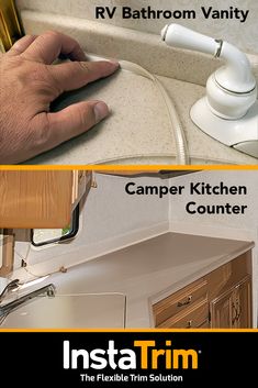 two pictures showing different types of kitchen counter tops and the same one that is being used