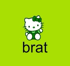 a green hello kitty logo with the word bratt written in black and white on it