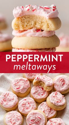 some cookies and cupcakes with pink frosting on them are sitting next to the words peppermint meltaways