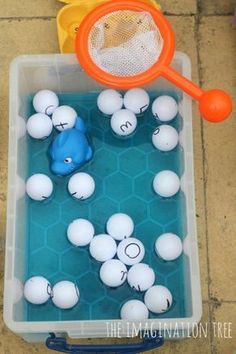 a plastic container filled with balls and a net