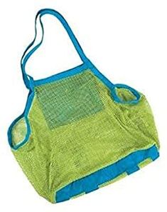 a green mesh bag with blue handles on the front and bottom, hanging from a hook