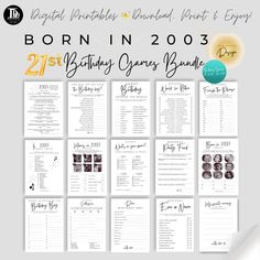 the printable birthday party game is shown in black and white, with gold accents