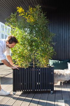 a man is bending over to look at a planter on the deck with his dog