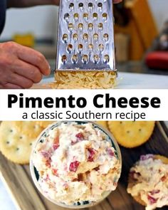 a close up of food on a tray with cheese and crackers in the background