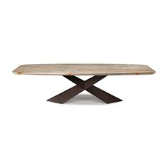 a wooden table with an x shaped base