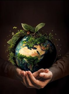 two hands are holding an earth globe with trees growing out of it and leaves on top