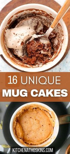 various mug cakes are shown with text overlays that reads, 16 unique mug cakes