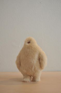 a small stuffed animal sitting on top of a wooden table next to a white wall