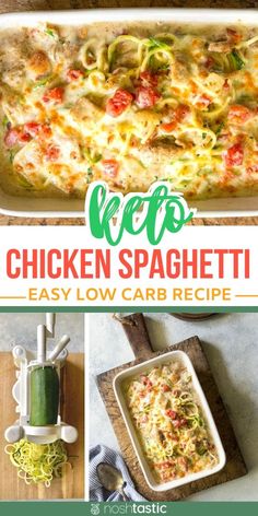 chicken spaghetti in a casserole dish with text overlay that reads keto chicken spaghetti easy low carb recipe