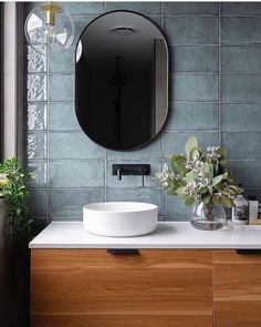 a bathroom sink with a mirror above it and a plant in the corner next to it