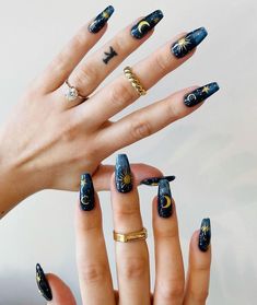 Nails With Moon And Sun, Freehand Art Nails, Celestial Acrylic Nails, Simple Celestial Nails, Greta Van Fleet Inspired Nails, Nightcourt Acotar Nails, Greta Van Fleet Nails, Lilith Nails, French Manicure Long Nails