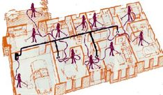 an orange and white drawing of people walking in front of a building with wires attached to it