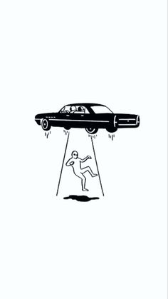 a black and white drawing of a car with a person falling from the top in front of it