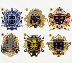 six different crests with the names and numbers on each one, all in gold