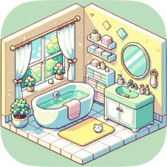 the bathroom is decorated in pastel colors and has a bathtub, sink, mirror, and toilet