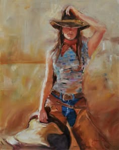 a painting of a woman with a cowboy hat on