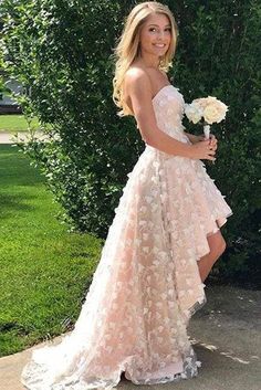 Wedding High-low Dress - Simple A Line Wedding Dresses - Bridelily#promdressuk, #quinceaneradress, #champagne, #lace, #cheap, #ballgown Pink Lace Wedding Dress For Prom Season, Pink Lace Bridesmaid Wedding Dress, Sleeveless Lace Wedding Dress For Prom, Lace Strapless Prom Dress With Lace Bodice, Lace Bodice Strapless Prom Dress, Summer Prom Lace Dress With Lace Patchwork, Spring Wedding Strapless Lace Dress, Spring Wedding Lace Dress, Strapless, Summer Prom Lace Dress With Patchwork