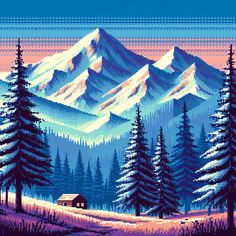 a cross stitch pattern with snow covered mountains and pine trees in front of a cabin