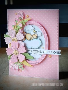 A sweet and pretty handmade greeting card for baby features the phrase "Welcome, little one." The stamped image of a baby bunny asleep on a cloud watched over by his baby bird friend is hand-colored with blending inks and foam mounted for added dimension. The cresent moon is brushed with a touch of Glimmer paint for detail as well as the flower centers. Flowers were diecut and arranged on top of the moon and foam foam mounted for added dimension. The inside is left blank awaiting your personal sentiments.  Images are ©️ Mama Elephant, and sentiment MFT stamps. Die cuts are ©️ Spellbinders and Stampin'Up!  Card is A2 size and measures 4.25" x 5.5" Includes coordinating lined envelope and a plastic storage sleeve. As handmade cards are just that, minor variations in the artwork may occur whe Stampin Up Baby Cards, Baby Birthday Card, Sizzix Cards, Hello Bluebird, Panda Card, Welcome Baby Cards, Baby Cards Handmade, Card Layouts, Cardmaking Ideas