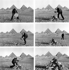 four black and white pictures of men in the desert with pyramids in the background