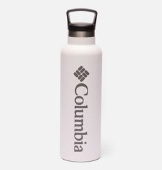 a white and black water bottle with the word coom on it's side