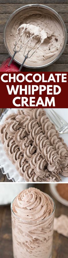 chocolate whipped cream in a glass container with spoons and on the side is an image of