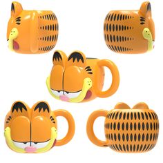 four orange tiger mugs with faces on them, all in different shapes and sizes