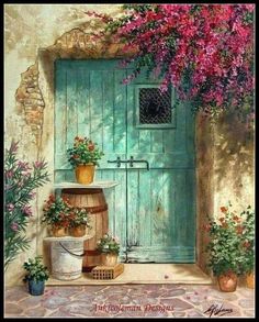 a painting of a door with flowers on it