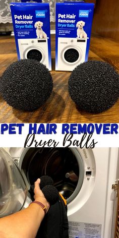 there are two pictures showing how to remove pet hair from the dryer