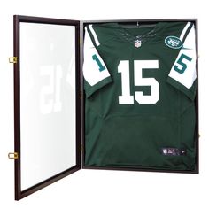 the new york jets jersey is in its display case, and it's open