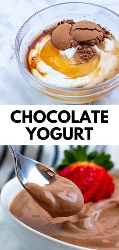 chocolate yogurt in a bowl with spoon and strawberries