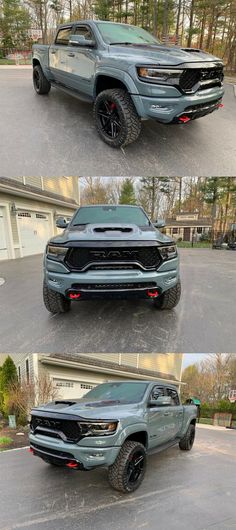 the front and back view of a truck in three different stages, with two pictures showing it