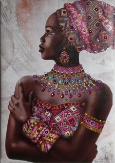 a painting of a woman with an elaborate headdress and jewelry on her neck