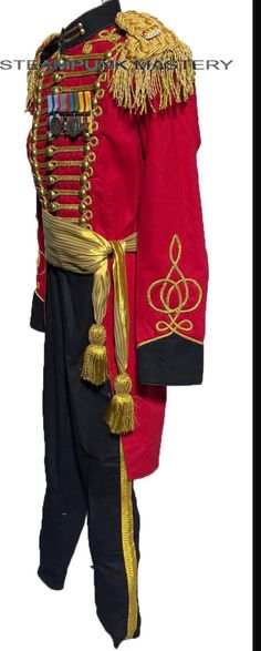 #DJ5BBW/ K2/4 Ring master  Tail Coat In Red/Black Heavy Cotton With gold  trim contrast Gold Cord Braiding at Front and Cuffs with self tie waist Sash, detachable Medals  and  eppaulates with royal crown emblem Accessories   and Black pants with sides gold stripes are including in this sale.  This is a Heavy Cotton Tail Jacket. It has brass buttons and gold Braiding on the chest area and cuff of sleeves. Please refer to photos. Pants size available waist 30",32"34"36"38"40" This Tail Coat is Ava Outfit With Black Pants, Cord Braiding, Shoulder Accessories, Tail Coat, Trim Contrast, Ring Master, Black Pants Outfit, Waist Sash, Brass Buttons