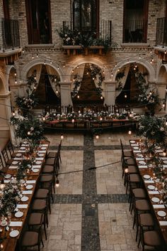 an instagram page with tables and chairs set up for a wedding reception in front of a stone building