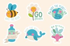 six stickers with different types of animals and plants on them, including one bee, the