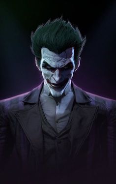 a man with green hair wearing a black shirt and joker makeup is standing in front of a dark background