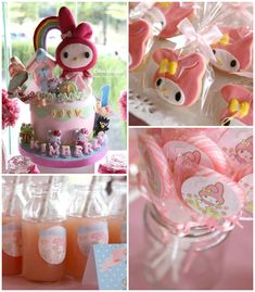 a collage of pictures with pink and white items in them, including cake, candy, candies, cupcakes, and other decorations